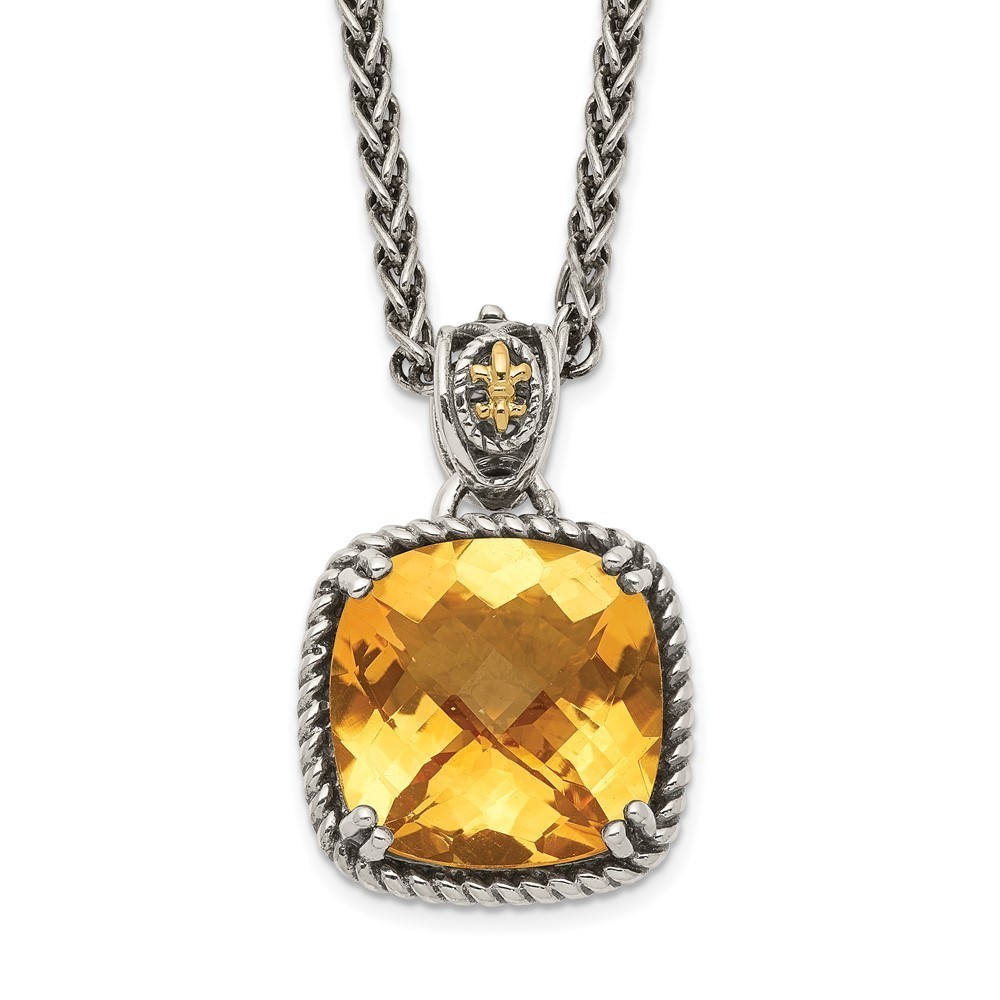 SS 14K Accent 18 Inch Antiqued Checkerboard Cushion Citrine Necklace 18 x 15 mm